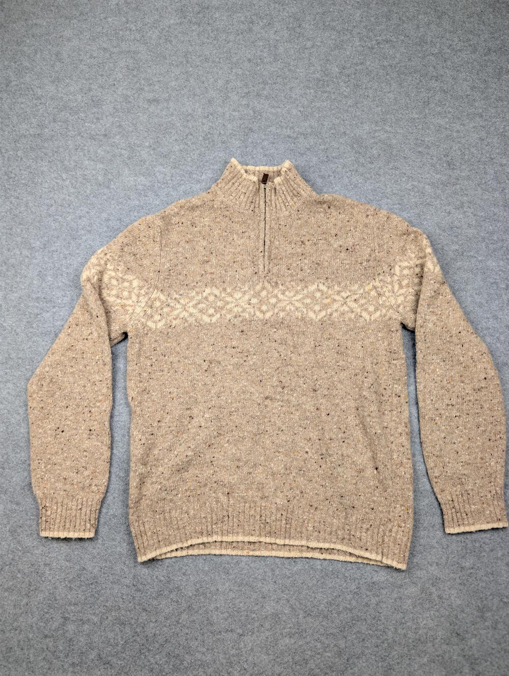 Vintage Express Sweater Womens Large Beige Fair Isle 1/4 Zip Mock Neck Knit Wool